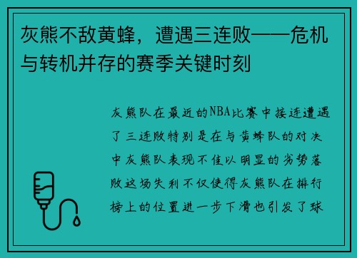 灰熊不敌黄蜂，遭遇三连败——危机与转机并存的赛季关键时刻